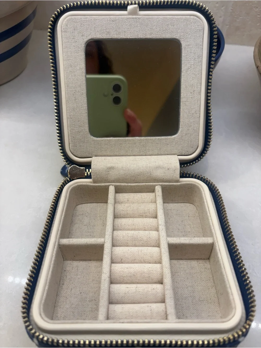 Mark & Graham Navy and Cream Travel Jewelry Case with Mirror